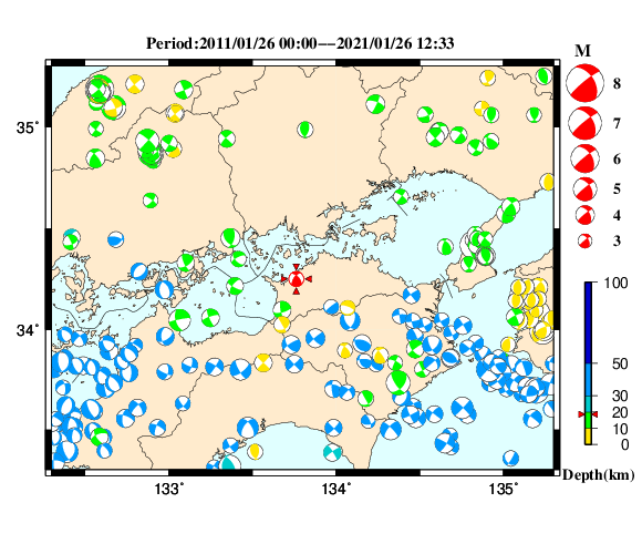 過去に起きた地震の初動発震機構解