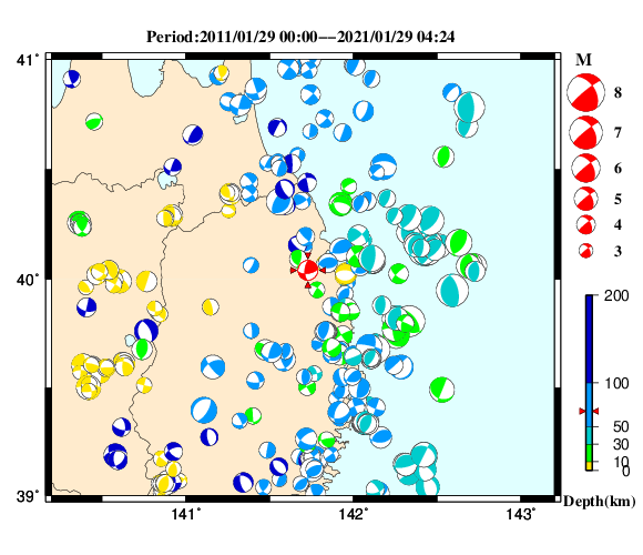 過去に起きた地震の初動発震機構解