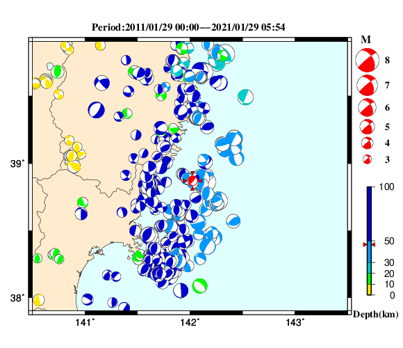 過去に起きた地震の初動発震機構解