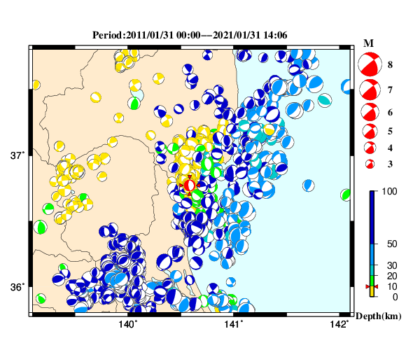 過去に起きた地震の初動発震機構解