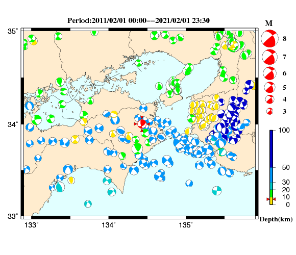 過去に起きた地震の初動発震機構解