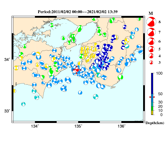 過去に起きた地震の初動発震機構解