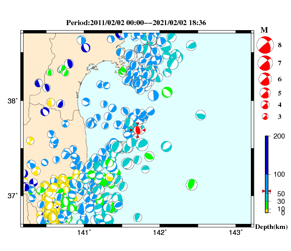 過去に起きた地震の初動発震機構解