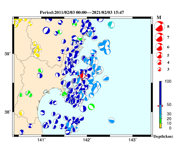 過去に起きた地震の初動発震機構解