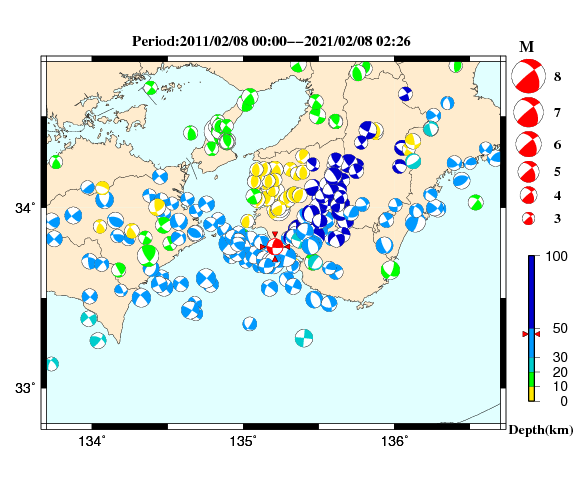 過去に起きた地震の初動発震機構解