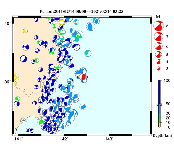 過去に起きた地震の初動発震機構解