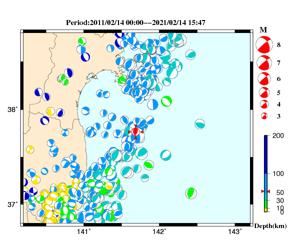 過去に起きた地震の初動発震機構解