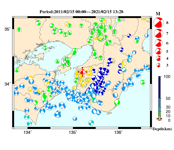 過去に起きた地震の初動発震機構解