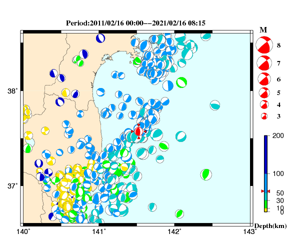 過去に起きた地震の初動発震機構解