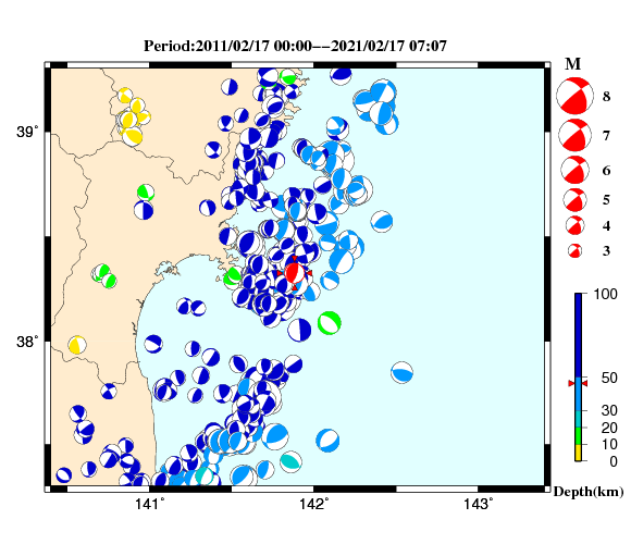 過去に起きた地震の初動発震機構解