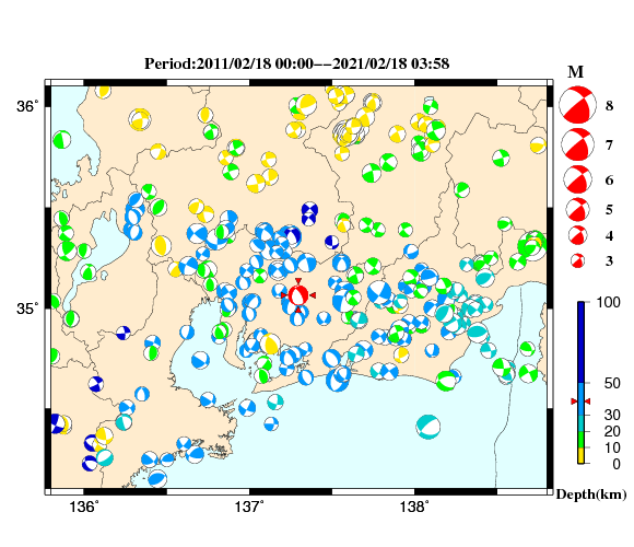 過去に起きた地震の初動発震機構解