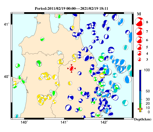過去に起きた地震の初動発震機構解