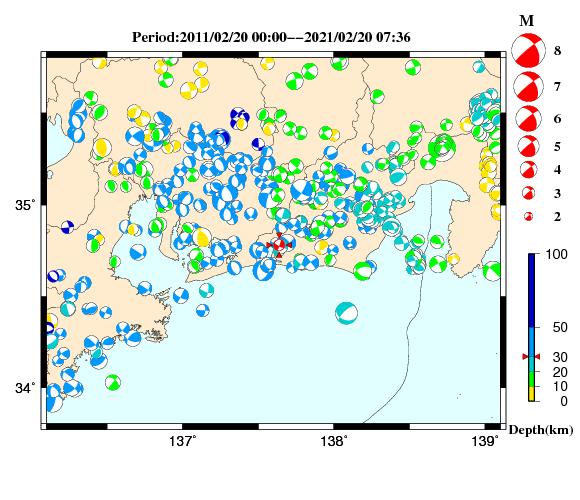 過去に起きた地震の初動発震機構解