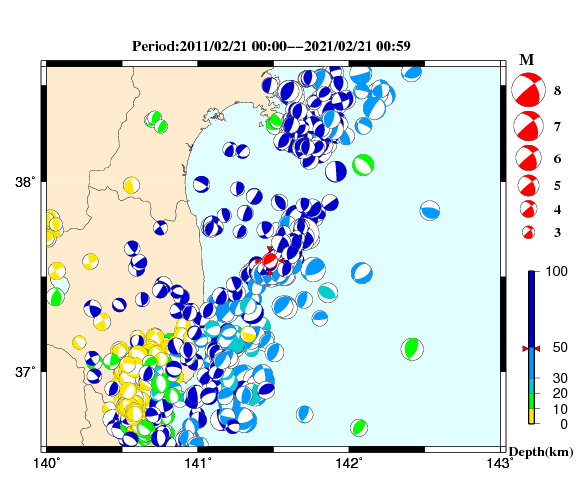 過去に起きた地震の初動発震機構解