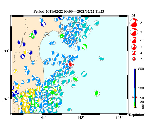 過去に起きた地震の初動発震機構解