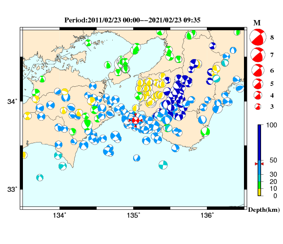 過去に起きた地震の初動発震機構解