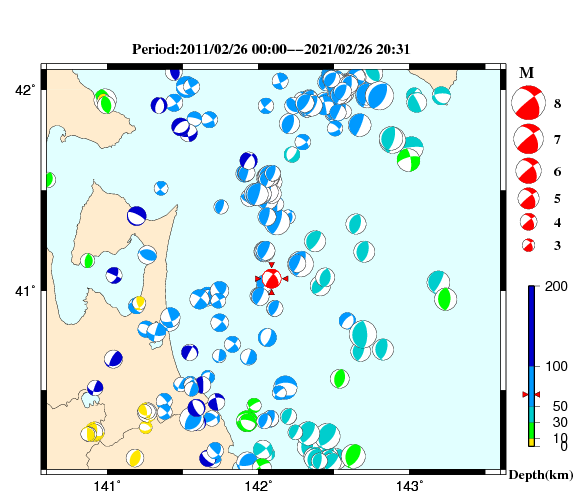 過去に起きた地震の初動発震機構解