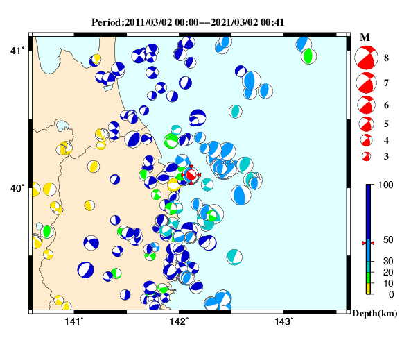 過去に起きた地震の初動発震機構解