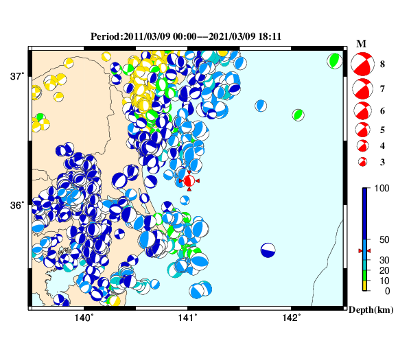 過去に起きた地震の初動発震機構解