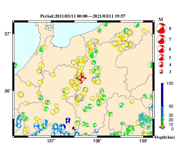 過去に起きた地震の初動発震機構解