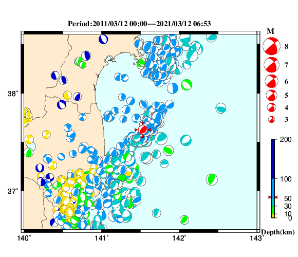 過去に起きた地震の初動発震機構解