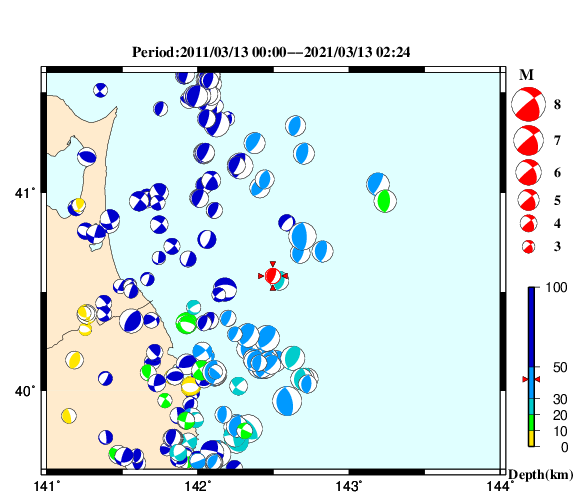 過去に起きた地震の初動発震機構解