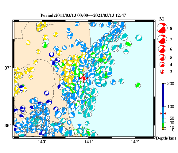 過去に起きた地震の初動発震機構解