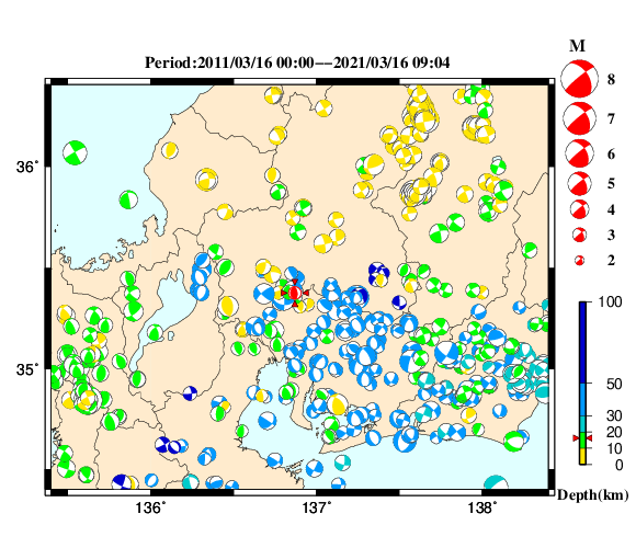 過去に起きた地震の初動発震機構解