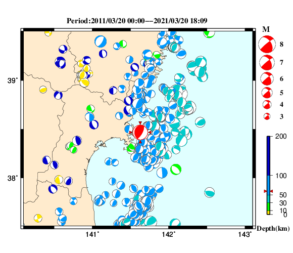 過去に起きた地震の初動発震機構解