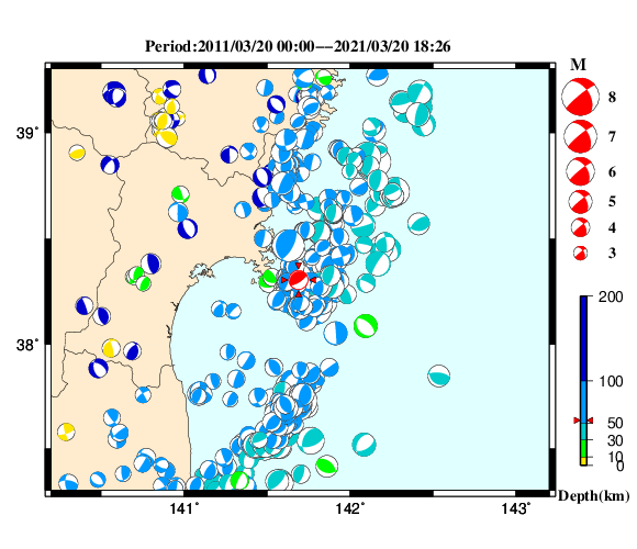 過去に起きた地震の初動発震機構解