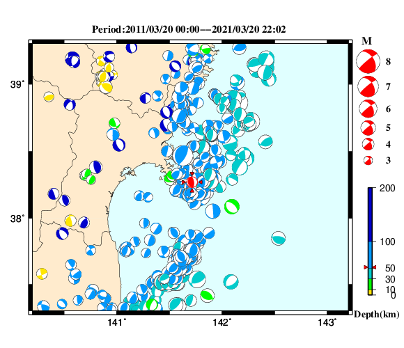 過去に起きた地震の初動発震機構解