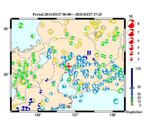 過去に起きた地震の初動発震機構解
