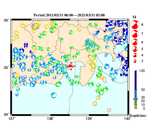 過去に起きた地震の初動発震機構解