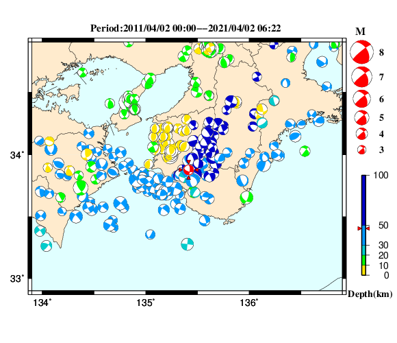過去に起きた地震の初動発震機構解