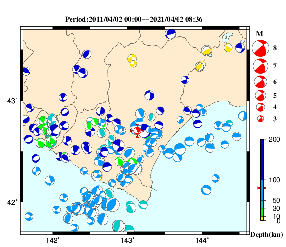 過去に起きた地震の初動発震機構解