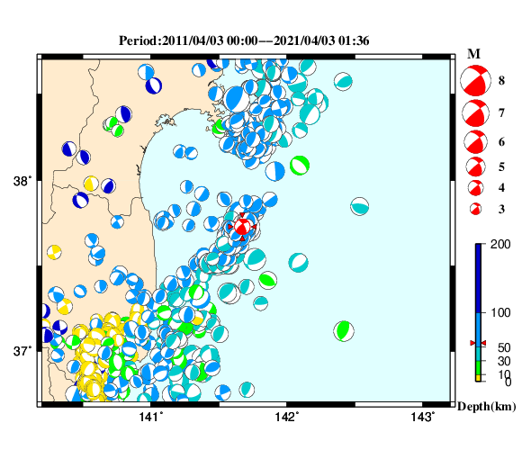 過去に起きた地震の初動発震機構解