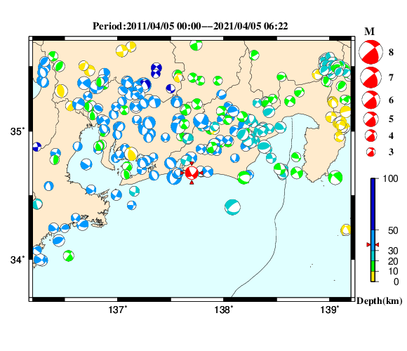 過去に起きた地震の初動発震機構解