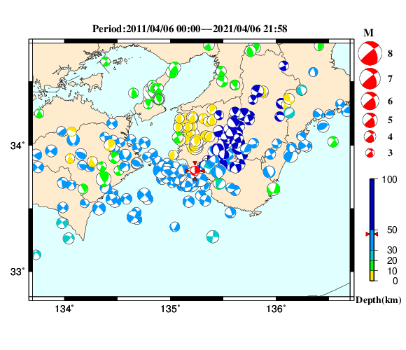 過去に起きた地震の初動発震機構解