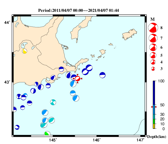 過去に起きた地震の初動発震機構解