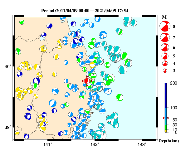 過去に起きた地震の初動発震機構解