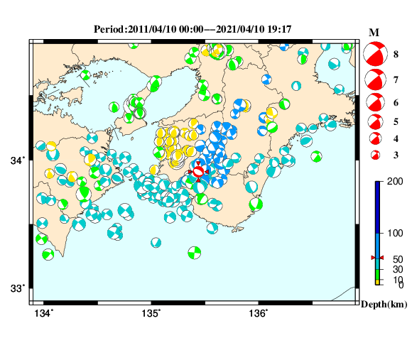 過去に起きた地震の初動発震機構解