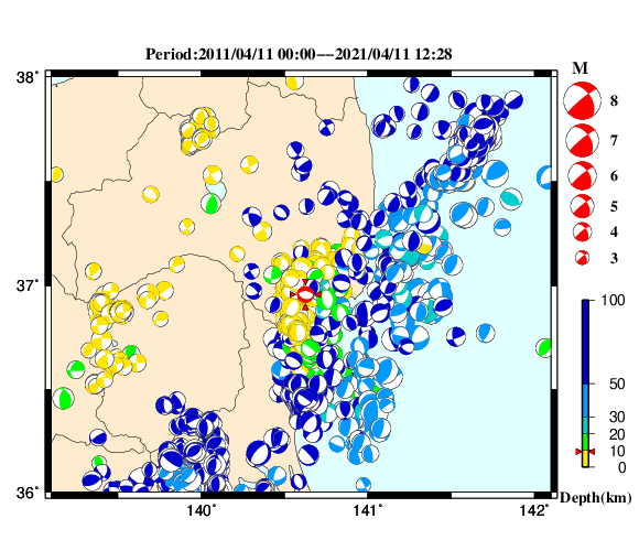過去に起きた地震の初動発震機構解