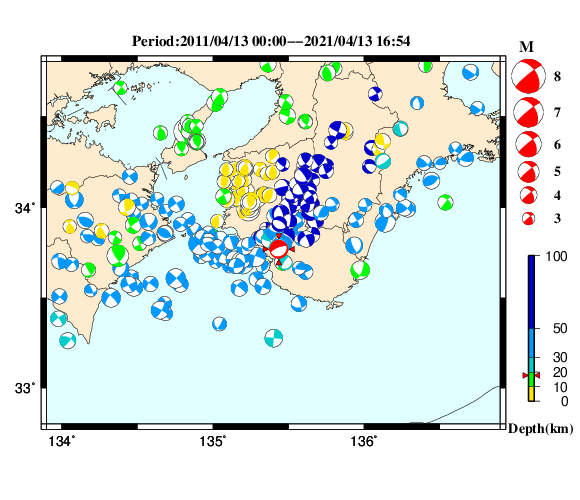 過去に起きた地震の初動発震機構解