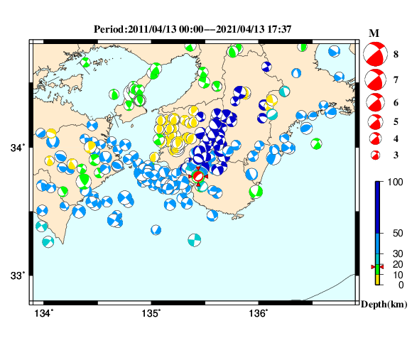 過去に起きた地震の初動発震機構解