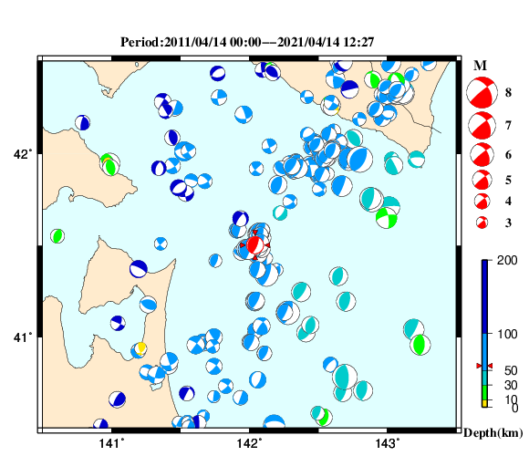 過去に起きた地震の初動発震機構解