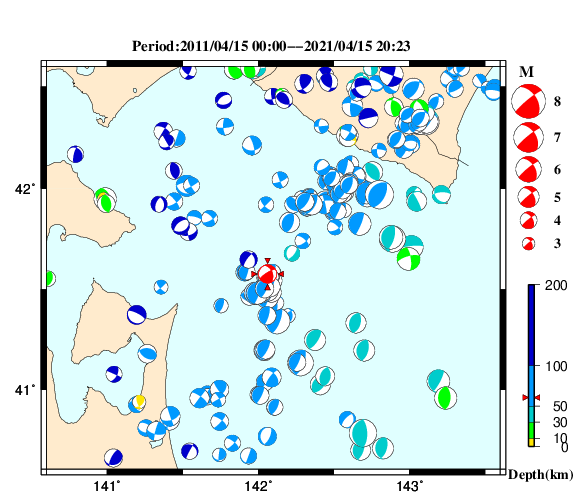 過去に起きた地震の初動発震機構解