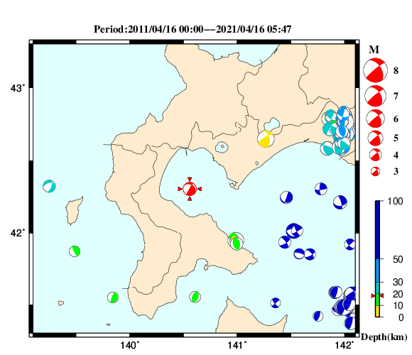 過去に起きた地震の初動発震機構解