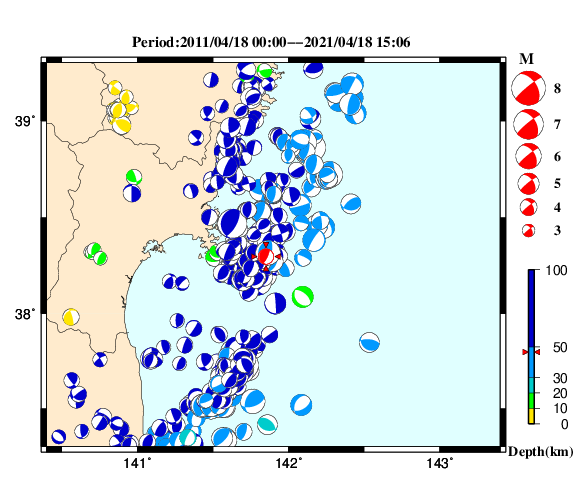 過去に起きた地震の初動発震機構解