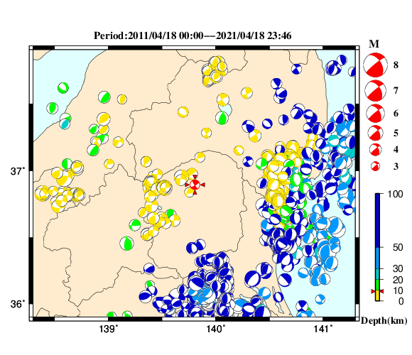 過去に起きた地震の初動発震機構解