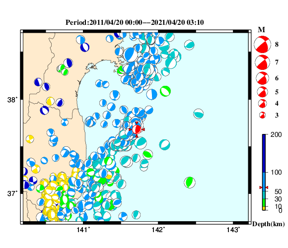 過去に起きた地震の初動発震機構解